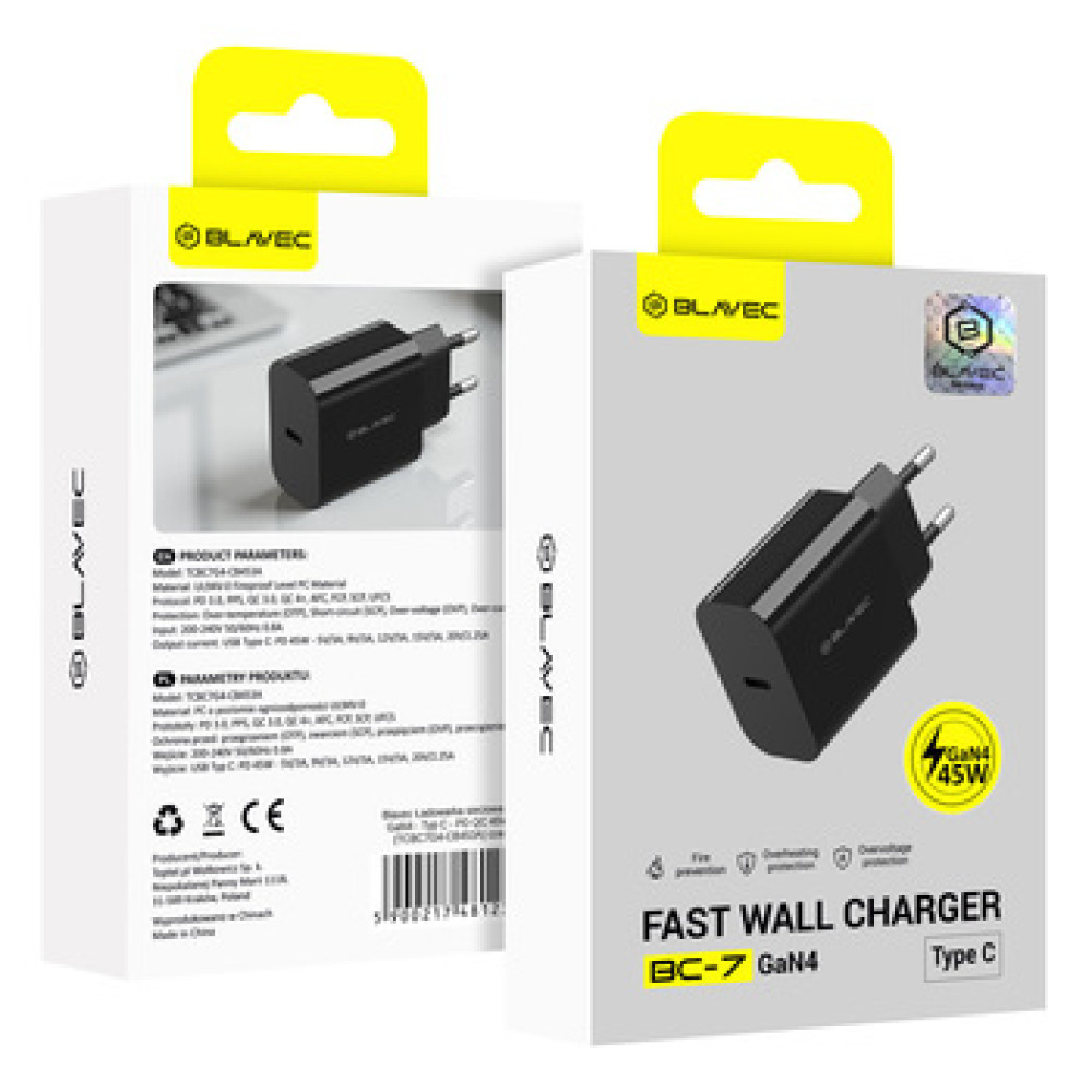 Blavec BC-7 GaN4 Mains Charger - Type C - PD QC 45W 3A black