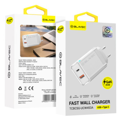 Blavec BC-5 GaN Wall Charger - USB + Type C - PD QC 45W 3A white