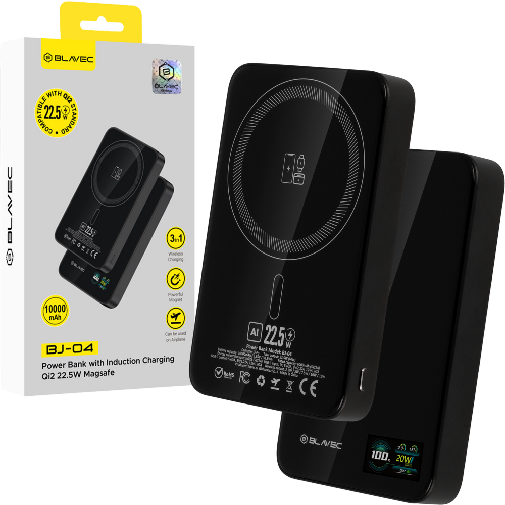 Blavec Power Bank 10000mAh BJ-04 Slim 13,5mm - Type C - 22,5W magnetic Magsafe 3 in 1 (PBBJ04-MC10B) black glass