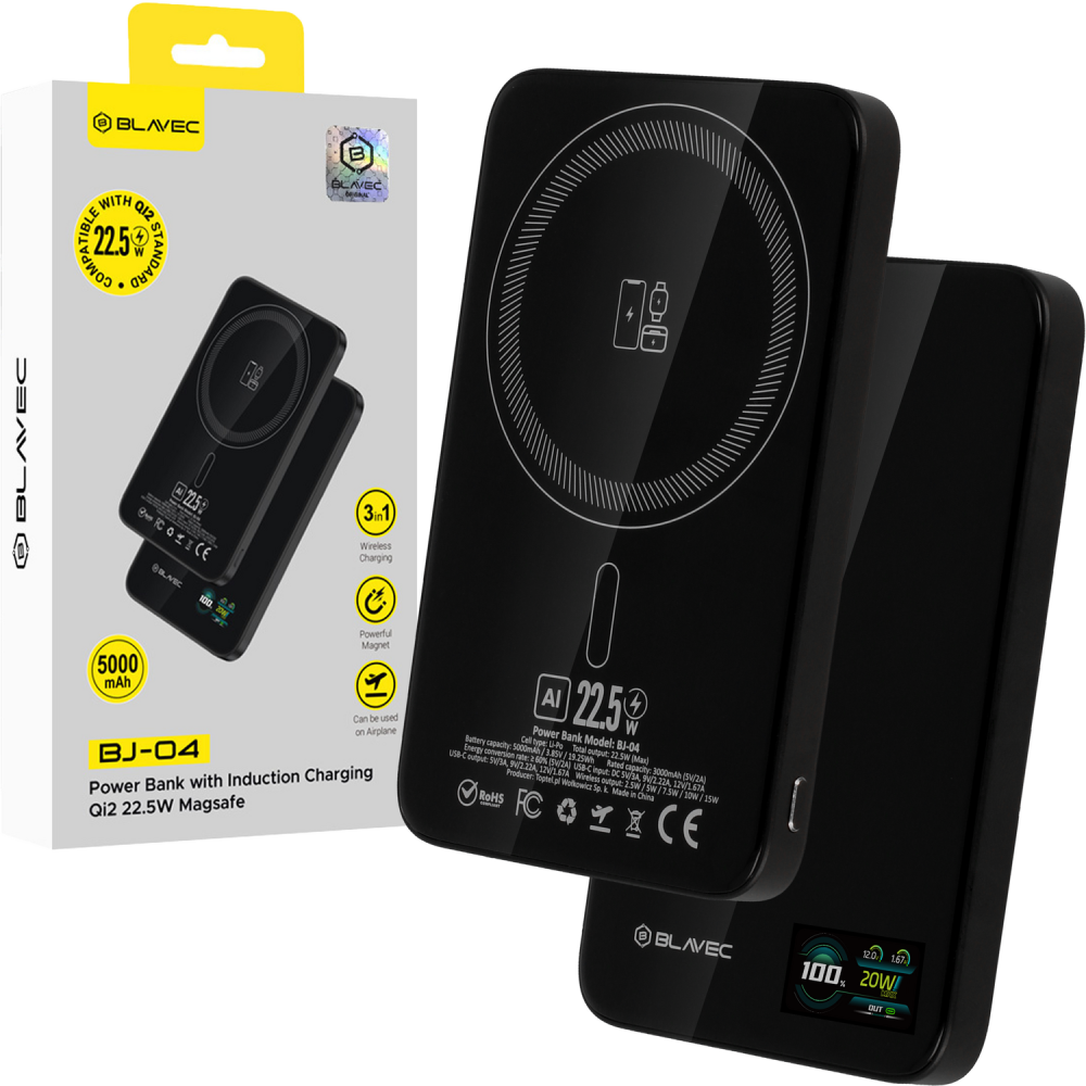 Blavec Power Bank 5000mAh BJ-04 Ultra Slim 7,8mm - Type C - 22,5W magnetic Magsafe 3 in 1 (PBBJ04-MC5B) black glass