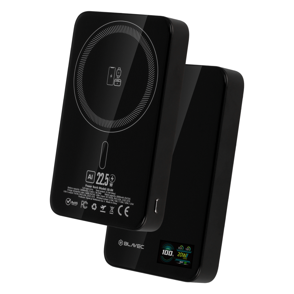 Blavec Power Bank 10000mAh BJ-04 Slim 13,5mm - Type C - 22,5W magnetic Magsafe 3 in 1 (PBBJ04-MC10B) black glass
