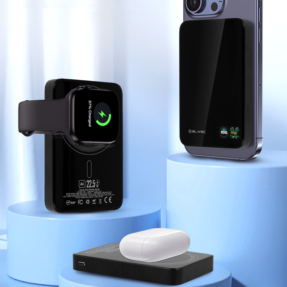 Blavec Power Bank 10000mAh BJ-04 Slim 13,5mm - Type C - 22,5W magnetic Magsafe 3 in 1 (PBBJ04-MC10B) black glass