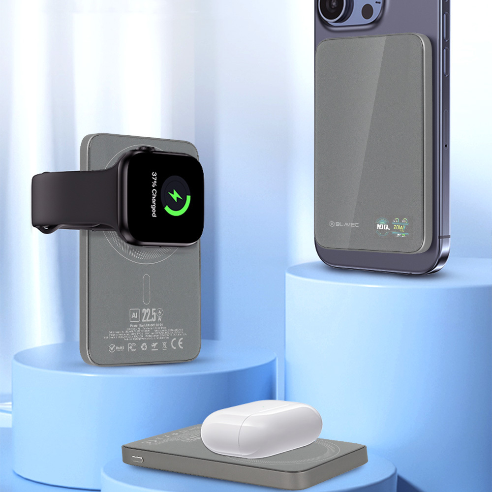 Blavec Power Bank 5000mAh BJ-04 Ultra Slim 7,8mm - Type C - 22,5W magnetic Magsafe 3 in 1 (PBBJ04-MC5G) grey glass