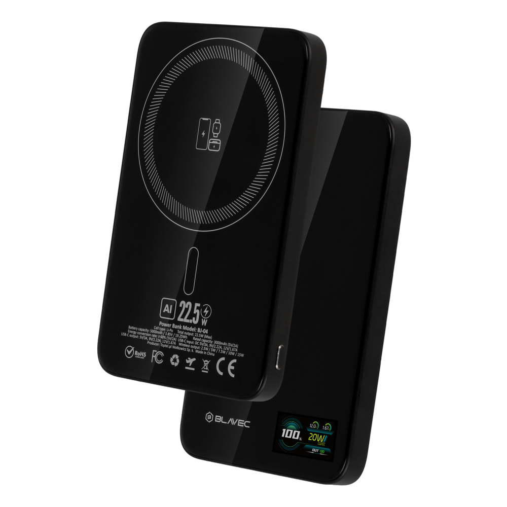 Blavec Power Bank 5000mAh BJ-04 Ultra Slim 7,8mm - Type C - 22,5W magnetic Magsafe 3 in 1 (PBBJ04-MC5B) black glass