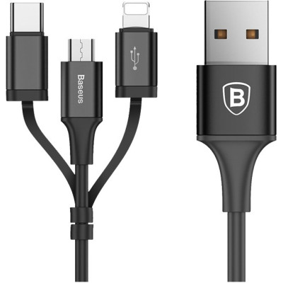Baseus 3 in 1 Καλώδιο Φόρτισης και Μεταφοράς Δεδομένων USB σε Lightning, Micro-usb & Type-c - 120cm - Μαύρο (CA3IN1-ZY01)