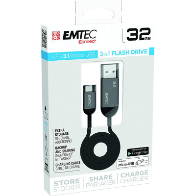 Emtec 3-in-1 Flash Drive USB σε Micro-USB - Καλώδιο Φόρτισης & Μεταφοράς Δεδομένων με Ενσωματωμένη Κάρτα Μνήμης 32GB (ECMMD32GT753B)