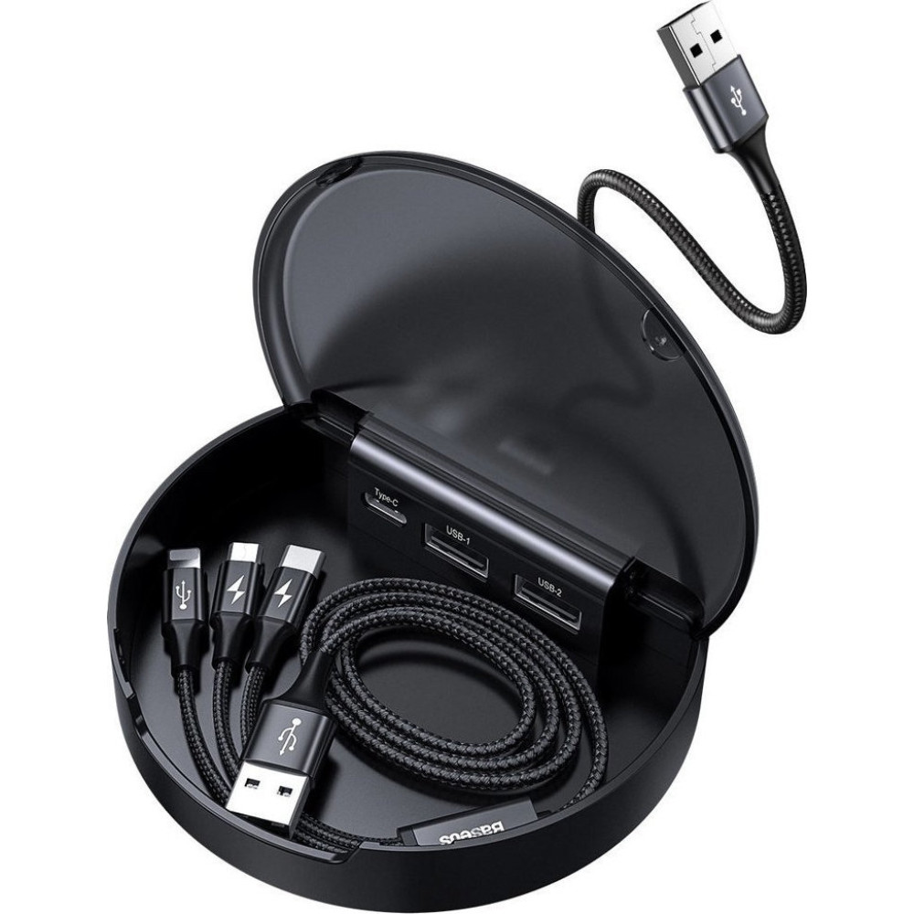 Baseus Σταθμός Φόρτισης Αυτοκινήτου με Θύρες 2 x USB / 1 x Type-C & Καλώδιο USB σε Type-C / Lightning / MicroUSB - 3A - Black (CAHUB-FX01)