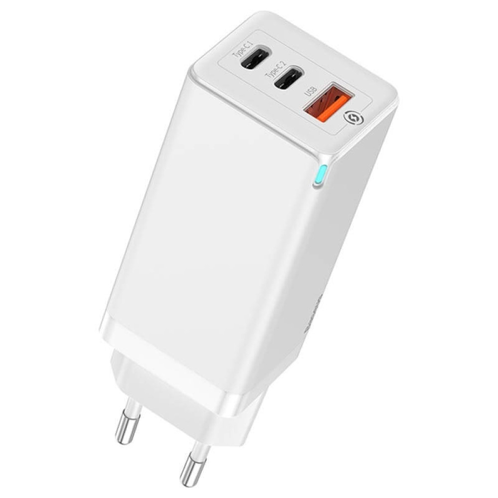 Baseus GaN - Ταχυφορτιστής Ταξιδιού Με Type-C x2 / USB-A x1 - 65W - White (CCGAN-H02)