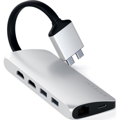 Satechi Αντάπτορας Type-C Dual Multimedia για Macbook - Με 2x USB-A / 1x Type-C / 1x Ethernet / 2x HDMI / 1x SD & Micro SD - Silver (ST-TCDMMAS)