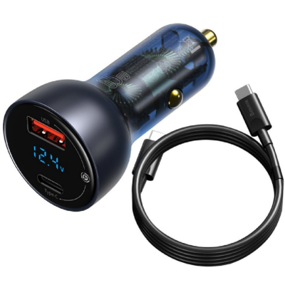 Baseus Car Charger - Γρήγορος Φορτιστής Αυτοκινήτου με 1 x USB / 1 x Type-C και Καλώδιο Type-C σε Type-C - 100cm - 65W - Dark Gray (TZCCKX-0G)