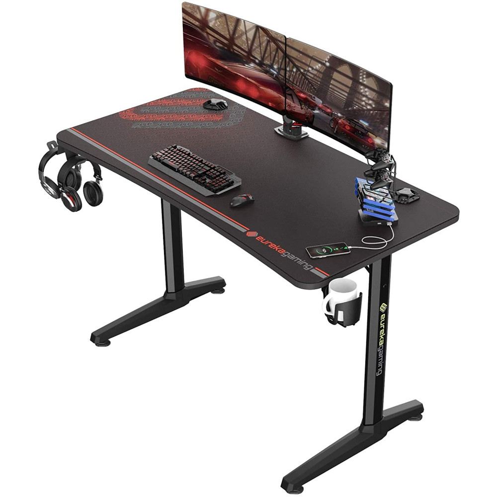 Eureka Ergonomic - Γραφείο Gaming με Βάση για Ποτήρι και Ακουστικά / Οργανωτής Καλωδίων / Βάση με 4 x USB - 120 x 60 x 76.5 cm - Black (ERK-GIP-P47B)