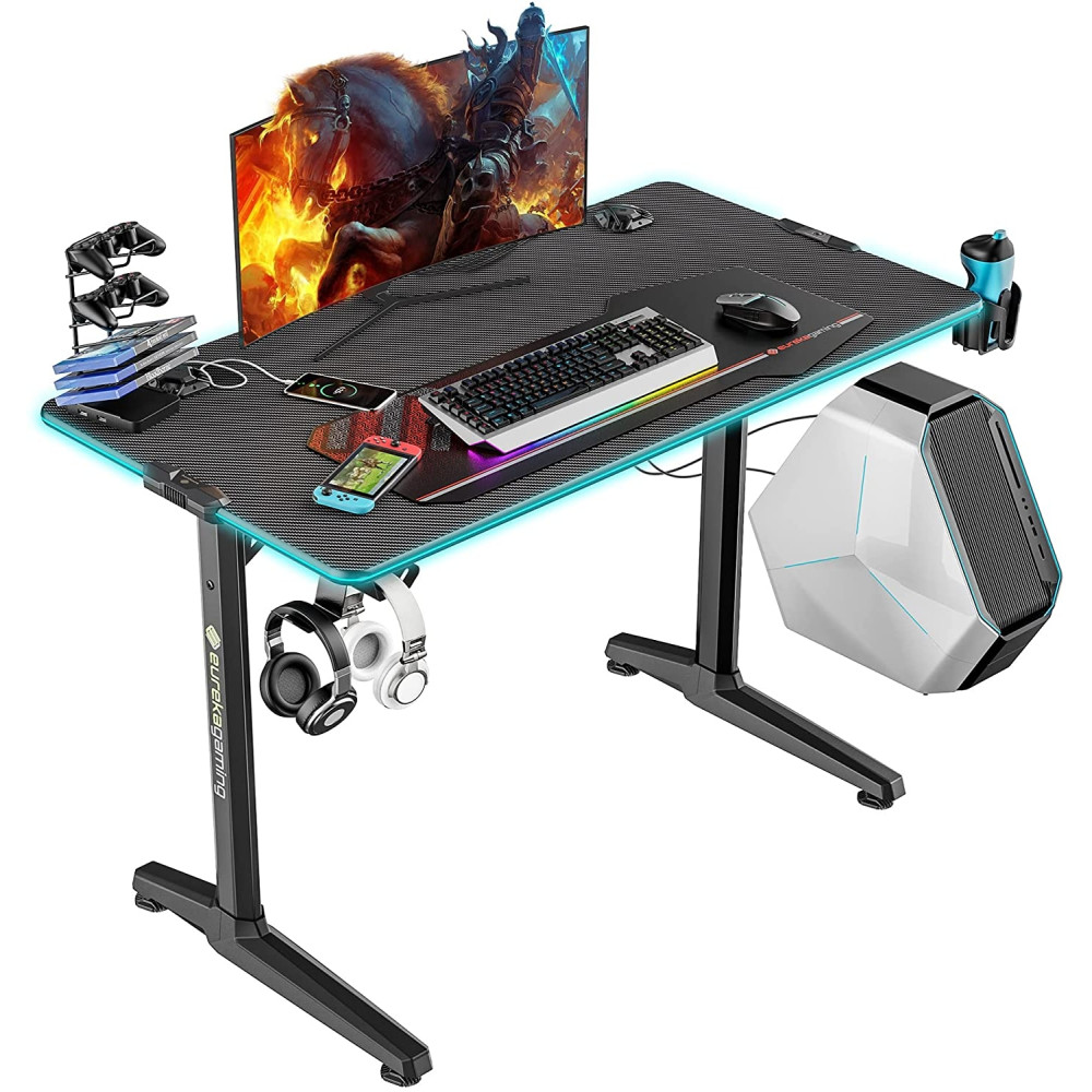 Eureka Ergonomic GIP 44" Fiber Optic Gaming Desk - Γραφείο Gaming RGB με Βάση για Ποτήρι και Ακουστικά / Οργανωτής Καλωδίων / Βάση με 4 x USB - 112 x 60 x 76.5 cm - Black (ERK-GIP-44B)