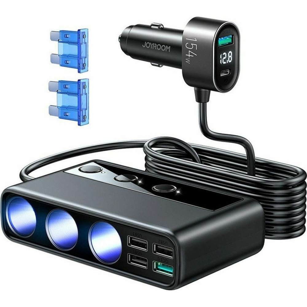 Joyroom Multi-Port Car Charger - Φορτιστής Αυτοκινήτου με 5 x USB / 1 x Type-C / 3 x Υποδοχές Αναπτήρα - QC3.0 - 154W - Black (JR-CL06)