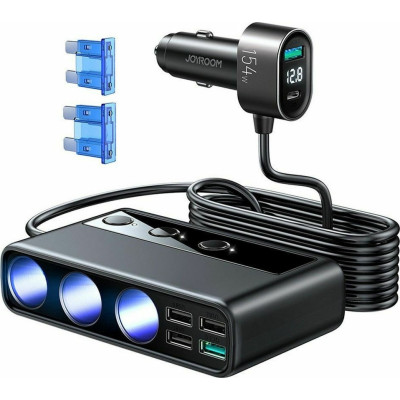 Joyroom Multi-Port Car Charger - Φορτιστής Αυτοκινήτου με 5 x USB / 1 x Type-C / 3 x Υποδοχές Αναπτήρα - QC3.0 - 154W - Black (JR-CL06)