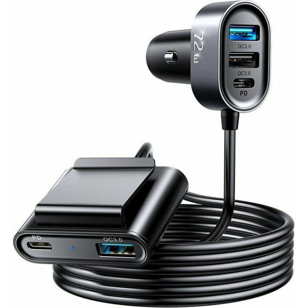 Joyroom Multi-Port Fast Car Charger - Φορτιστής Αυτοκινήτου με 3 x USB-A / 2 x Type-C - QC3.0 - 150cm - 72W - Black (JR-CL05)