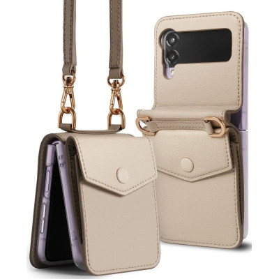 Ringke Folio Signature Card Pocket Δερμάτινη Θήκη - Πορτοφόλι με Λουράκι Λαιμού - Samsung Galaxy Z Flip3 5G - Beige (8809818842572)
