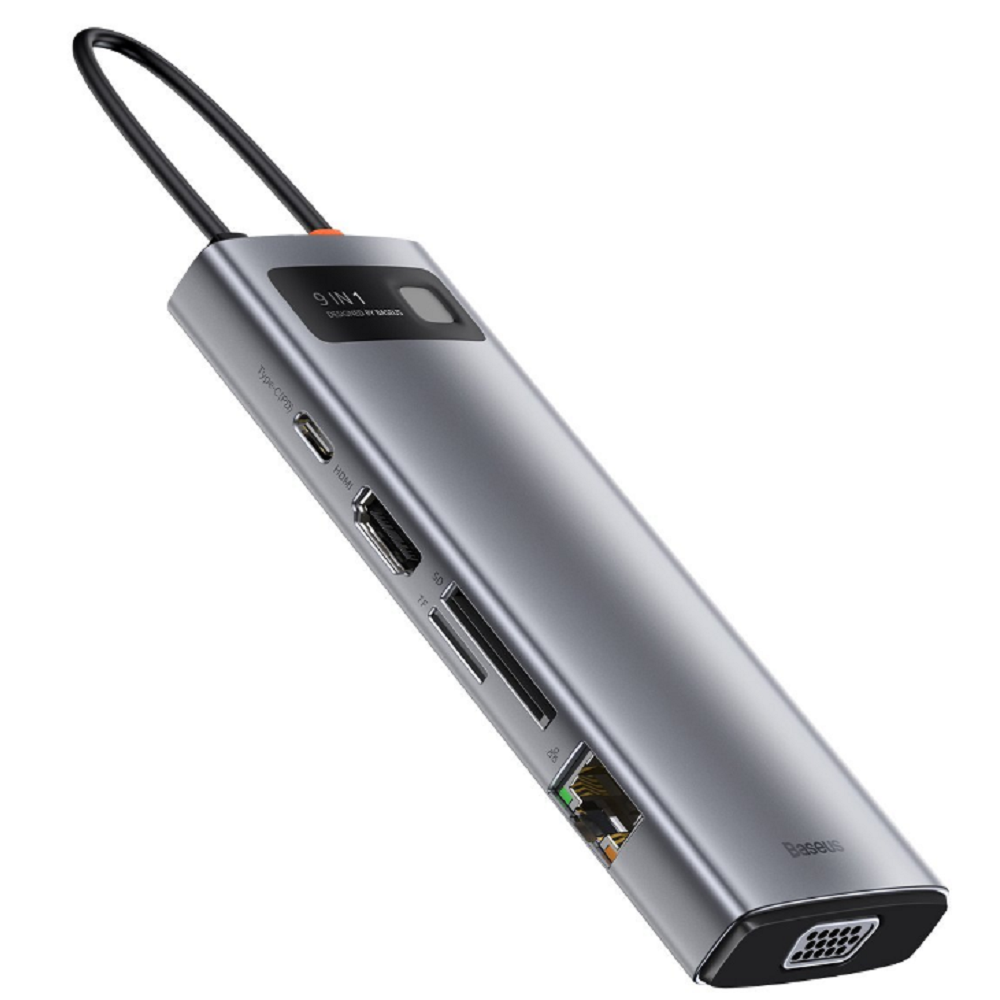 Baseus Metal Gleam Series 9 in 1 - Hub Docking Station Type-C σε 1 x Type-C / 1 x HDMI / 3 x USB 3.0 / 1 x Ethernet RJ45 / 1 x SD / 1 x TF / 1 x VGA - 100W - Space Gray (CAHUB-CU0G)