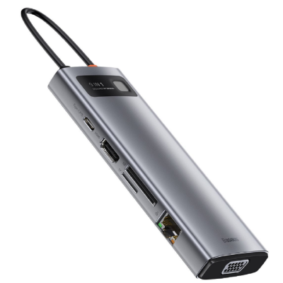 Baseus Metal Gleam Series 9 in 1 - Hub Docking Station Type-C σε 1 x Type-C / 1 x HDMI / 3 x USB 3.0 / 1 x Ethernet RJ45 / 1 x SD / 1 x TF / 1 x VGA - 100W - Space Gray (CAHUB-CU0G)