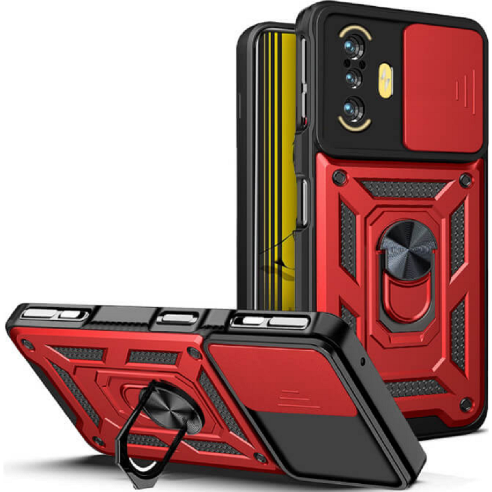Bodycell Armor Slide - Ανθεκτική Θήκη Xiaomi Poco F3 GT με Κάλυμμα για την Κάμερα & Μεταλλικό Ring Holder - Red (5206015012082)