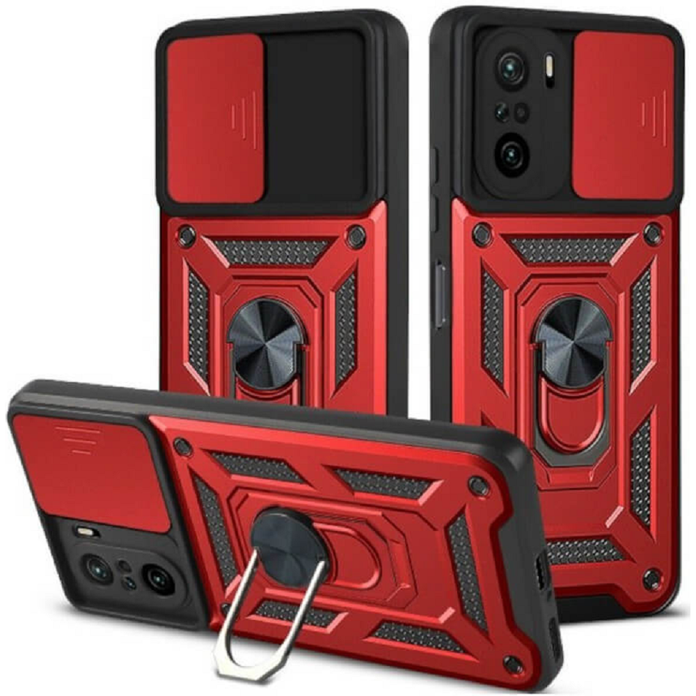 Bodycell Armor Slide - Ανθεκτική Θήκη Xiaomi Poco F3 με Κάλυμμα για την Κάμερα & Μεταλλικό Ring Holder - Red (5206015012051)