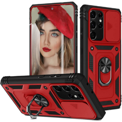 Bodycell Armor Slide - Ανθεκτική Θήκη Samsung Galaxy S21 Ultra 5G με Κάλυμμα για την Κάμερα & Μεταλλικό Ring Holder - Red (5206015013119)