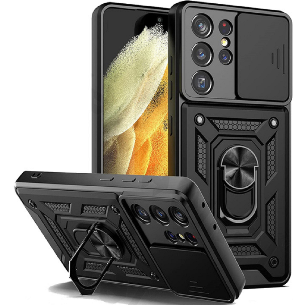 Bodycell Armor Slide - Ανθεκτική Θήκη Samsung Galaxy S22 Ultra 5G με Κάλυμμα για την Κάμερα & Μεταλλικό Ring Holder - Black (5206015014482)