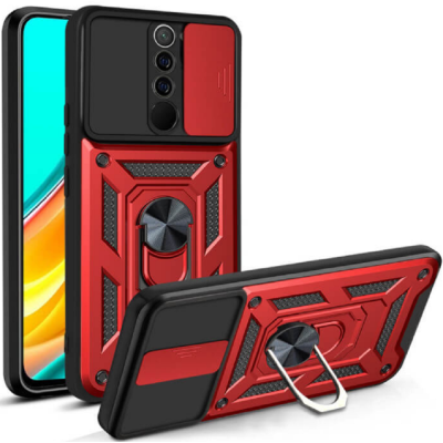 Bodycell Armor Slide - Ανθεκτική Θήκη Xiaomi Redmi 9 με Κάλυμμα για την Κάμερα & Μεταλλικό Ring Holder - Red (5206015012556)