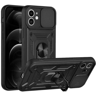 Bodycell Armor Slide - Ανθεκτική Θήκη Apple iPhone 12 με Κάλυμμα για την Κάμερα & Μεταλλικό Ring Holder - Black (5206015003172)