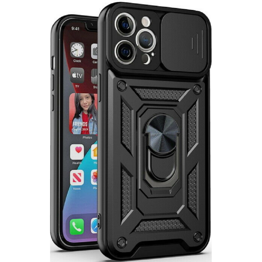 Bodycell Armor Slide - Ανθεκτική Θήκη Apple iPhone 13 Pro Max με Κάλυμμα για την Κάμερα & Μεταλλικό Ring Holder - Black (5206015003530)