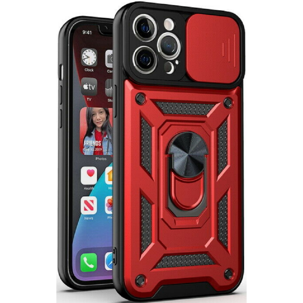 Bodycell Armor Slide - Ανθεκτική Θήκη Apple iPhone 13 Pro Max με Κάλυμμα για την Κάμερα & Μεταλλικό Ring Holder - Red (5206015003547)