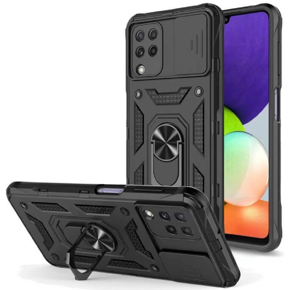 Bodycell Armor Slide - Ανθεκτική Θήκη Samsung Galaxy A22 4G με Κάλυμμα για την Κάμερα & Μεταλλικό Ring Holder - Black (5206015004124)