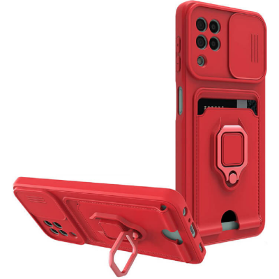 Bodycell Multifunction - Ανθεκτική Θήκη Samsung Galaxy A12 με Λουράκι Λαιμού / Κάλυμμα Κάμερας / Ring Holder / Υποδοχή Κάρτας - Red (5206015017353)