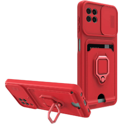 Bodycell Multifunction - Ανθεκτική Θήκη Samsung Galaxy A22 5G με Λουράκι Λαιμού / Κάλυμμα Κάμερας / Ring Holder / Υποδοχή Κάρτας - Red (5206015012631)