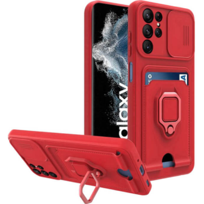 Bodycell Multifunction - Ανθεκτική Θήκη Samsung Galaxy S22 Ultra 5G με Λουράκι Λαιμού / Κάλυμμα Κάμερας / Ring Holder / Υποδοχή Κάρτας - Red (5206015004490)