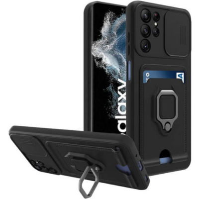 Bodycell Multifunction - Ανθεκτική Θήκη Samsung Galaxy S22 Ultra 5G με Λουράκι Λαιμού / Κάλυμμα Κάμερας / Ring Holder / Υποδοχή Κάρτας - Black (5206015004469)