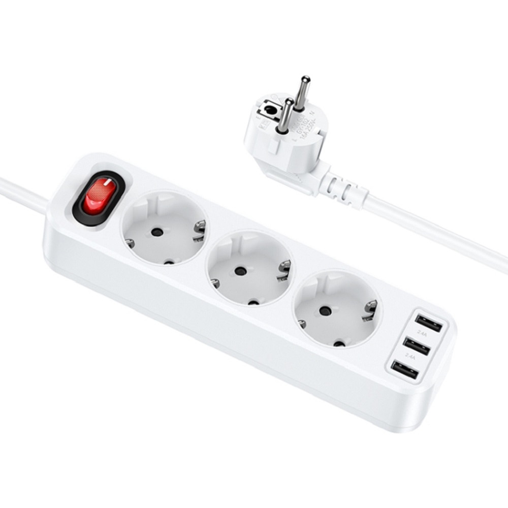 Hoco Extention Cord NS2 - Πολύπριζο με 3 Υποδοχές και 3 x USB-A 2.4Α με Διακόπτη - 180cm - EU - White - 5 Έτη Εγγύηση (6931474765178)