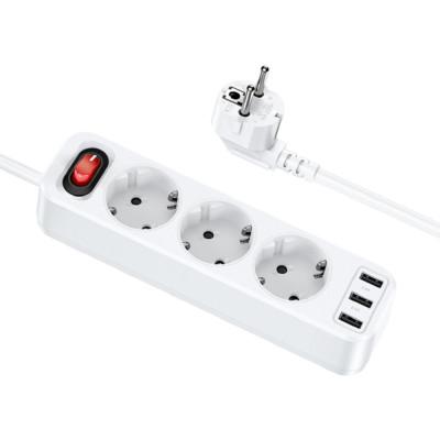 Hoco Extention Cord NS2 - Πολύπριζο με 3 Υποδοχές και 3 x USB-A 2.4Α με Διακόπτη - 180cm - EU - White - 5 Έτη Εγγύηση (6931474765178)