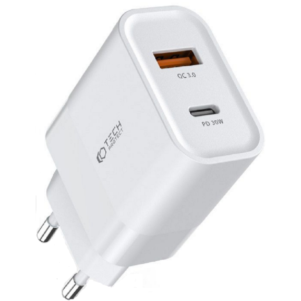 Tech-Protect C30W - Ταχυφορτιστής Ταξιδιού / Αντάπτορας με 1 x USB-A / 1 x Type-C - 30W - White (9589046926792)