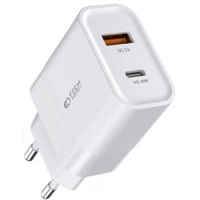 Tech-Protect C30W - Ταχυφορτιστής Ταξιδιού / Αντάπτορας με 1 x USB-A / 1 x Type-C - 30W - White (9589046926792)