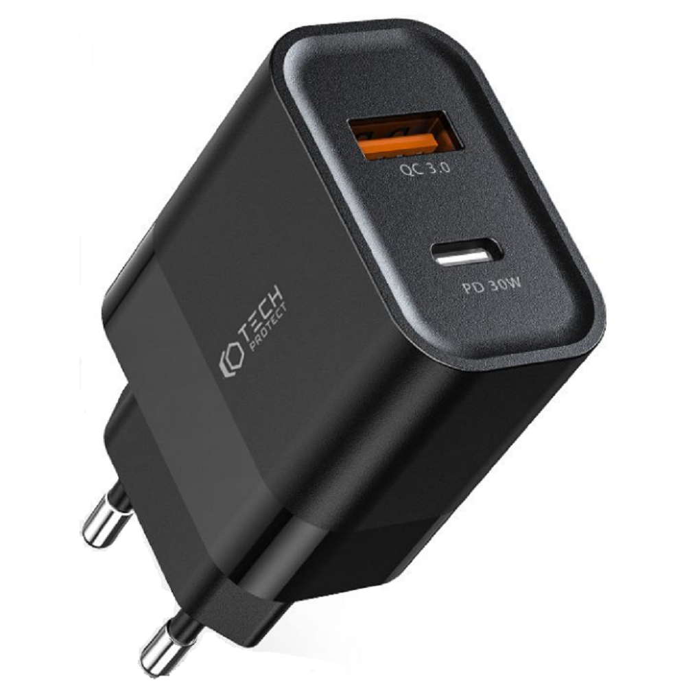 Tech-Protect C30W - Ταχυφορτιστής Ταξιδιού / Αντάπτορας με 1 x USB-A / 1 x Type-C - 30W - Black (9589046926808)