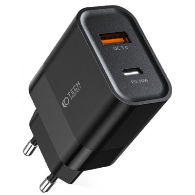 Tech-Protect C30W - Ταχυφορτιστής Ταξιδιού / Αντάπτορας με 1 x USB-A / 1 x Type-C - 30W - Black (9589046926808)