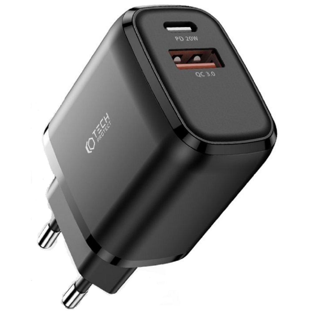 Tech-Protect C20W - Ταχυφορτιστής Ταξιδιού / Αντάπτορας με 1 x USB-A / 1 x Type-C - 20W - Black (9589046924286)