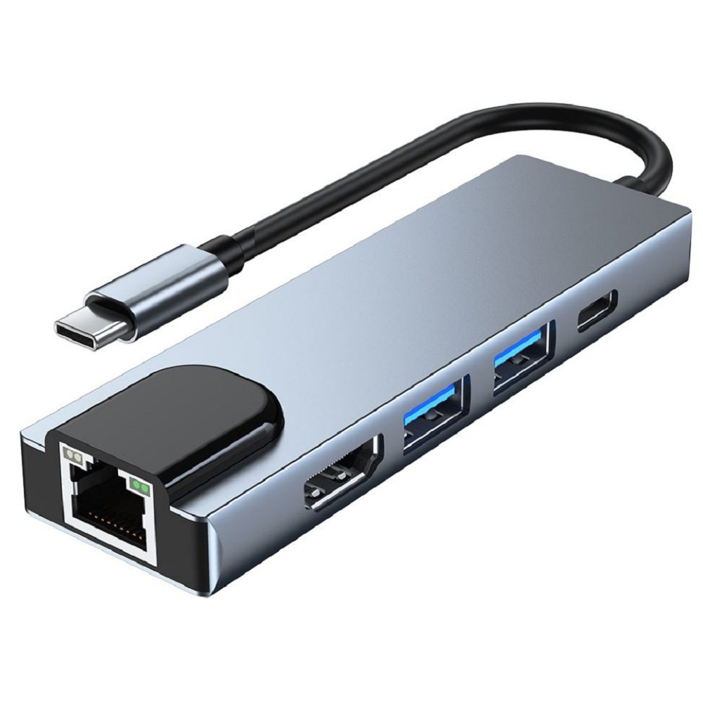 Tech-Protect V3 Hub Adapter 5 in 1 - Type-C Αντάπτορας Αλουμινίου Με 2 x USB-A / 1 x Type-C / 1 x 4K HDMI / 1 x Ethernet RJ45 - Grey (9589046919312)