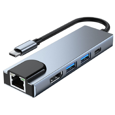 Tech-Protect V3 Hub Adapter 5 in 1 - Type-C Αντάπτορας Αλουμινίου Με 2 x USB-A / 1 x Type-C / 1 x 4K HDMI / 1 x Ethernet RJ45 - Grey (9589046919312)