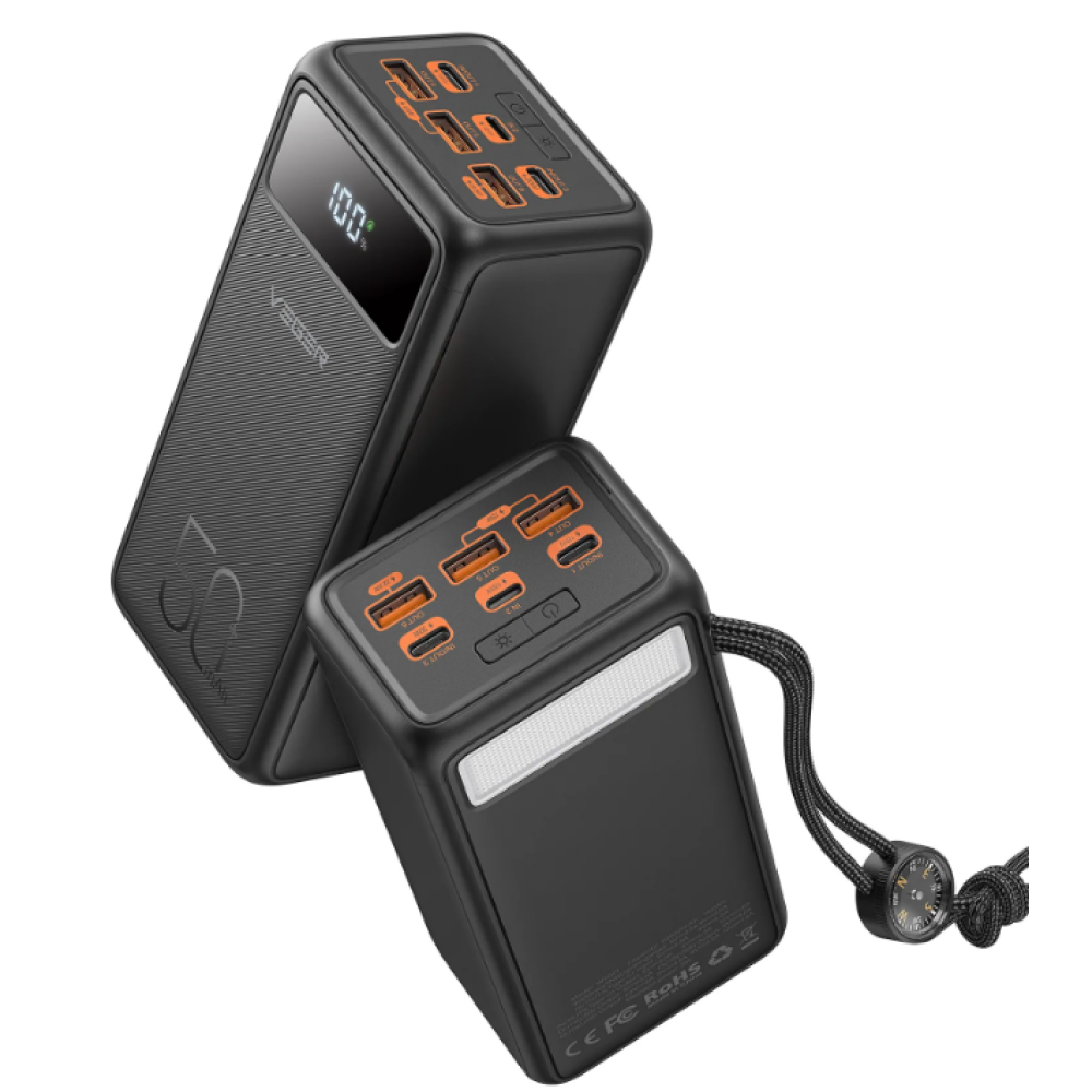 Veger Tank Lite PowerBank με Ψηφιακή Οθόνη LED / Φακό & Πυξίδα - Φορητή Μπαταρία Φόρτισης με 3 x USB-Α / 1 x Type-C - 50000mAh - 22.5W - Black (WP5001)