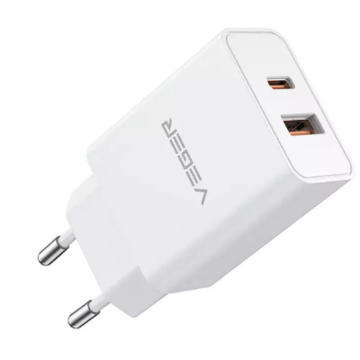 Veger Fast Charger - Ταχυφορτιστής Ταξιδιού / Αντάπτορας Με 1x Type-C / 1 x USB-A - 30W - White (VLS302U)