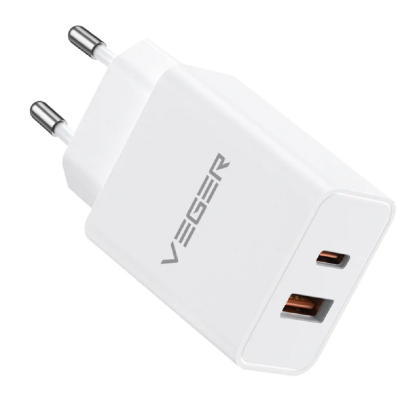Veger Fast Charger - Ταχυφορτιστής Ταξιδιού / Αντάπτορας Με 1x Type-C / 1 x USB-A - 20W - White (VLS202U)