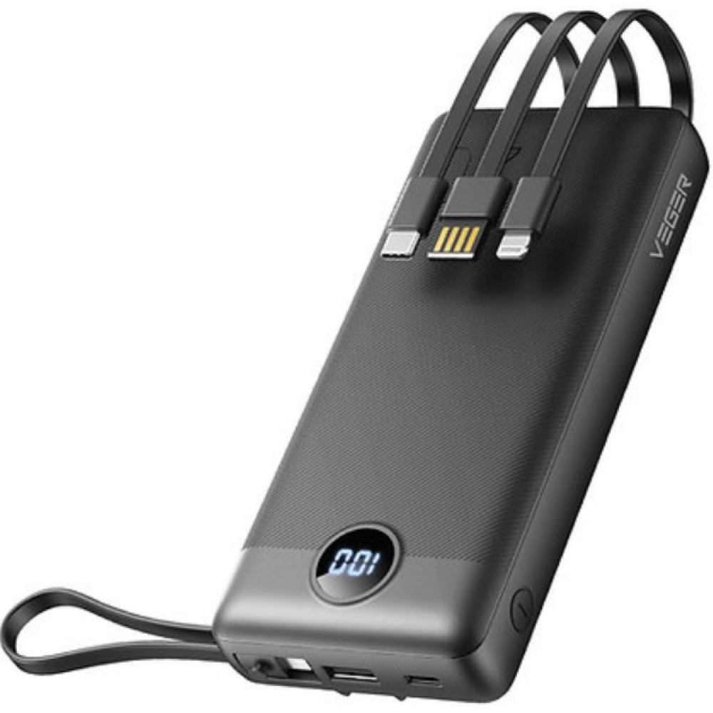 Veger PowerBank C20 - Φορητή Μπαταρία Φόρτισης με Ενσωματωμένα Καλώδια Type-C / USB-A / Lightning / MicroUSB και 1 x USB-A Θύρα - 20000mAh - Black (VP2047)