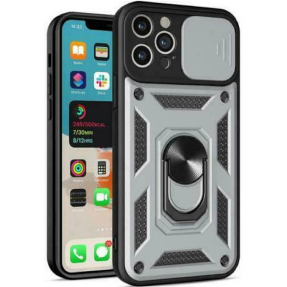 Bodycell Armor Slide - Ανθεκτική Θήκη Apple iPhone 12 Pro Max με Κάλυμμα για την Κάμερα & Μεταλλικό Ring Holder - Silver (5206015013799)