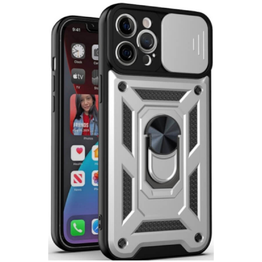 Bodycell Armor Slide - Ανθεκτική Θήκη Apple iPhone 12 Pro με Κάλυμμα για την Κάμερα & Μεταλλικό Ring Holder - Silver (5206015013782)